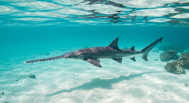 Undersea Realm Sawfish Gliding Gracefully Through Crystal Clear Tropical Waters