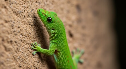 Green Gecko Climbing a Textured Wall with Bright Coloration and Delicate Details
