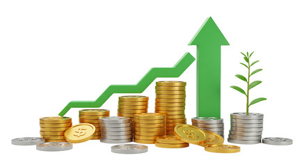 A visual representation of financial growth with coins chart and plant on a black background