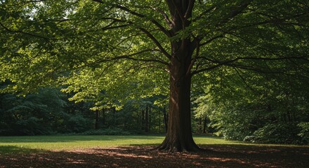 Majestic Tree with Lush Green Canopy Casting Shadows on a Sunny Day