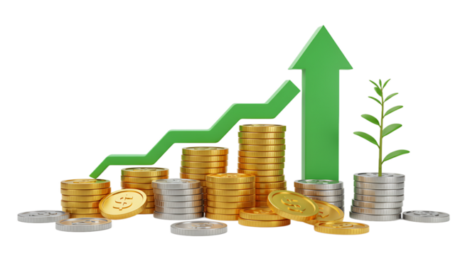A visual representation of financial growth with coins chart and plant on a black background