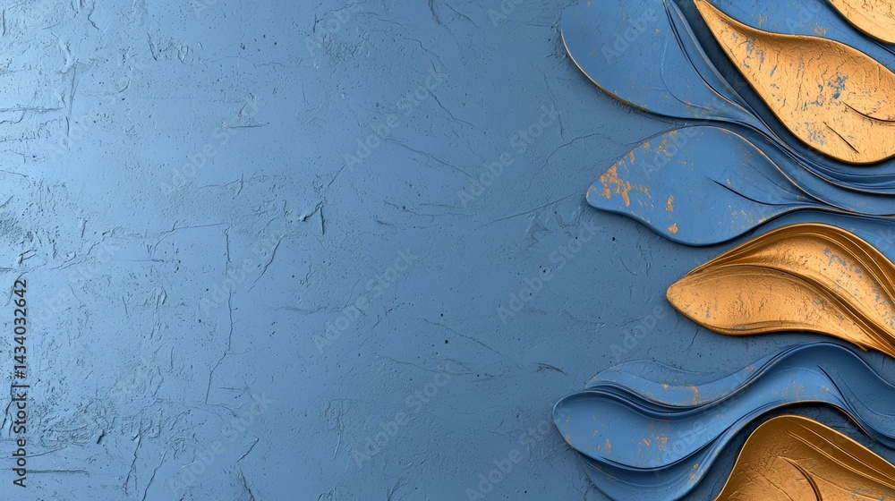 Leinwandbilder Blue and gold background with a series of gold and blue shapes. The shapes are arranged in a way that creates a sense of movement and flow. Scene is dynamic and energetic
