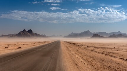 Desert road stretching to distant mountains under a hazy sky creating a sense of adventure and isolation in a vast arid landscape with a clear perspective