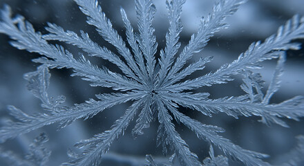 Winter's Feathered Touch Detailed Ice Crystals Forming Star on Window