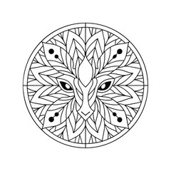 Intricate lion head mandala art in black and white circular design for relaxation therapy and coloring books