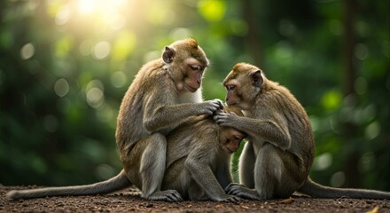 Naklejka premium Affectionate Macaque Monkeys Grooming, displaying Social Interaction and Care