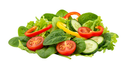 A vibrant salad featuring fresh vegetables including tomatoes cucumbers peppers and lettuce leaves