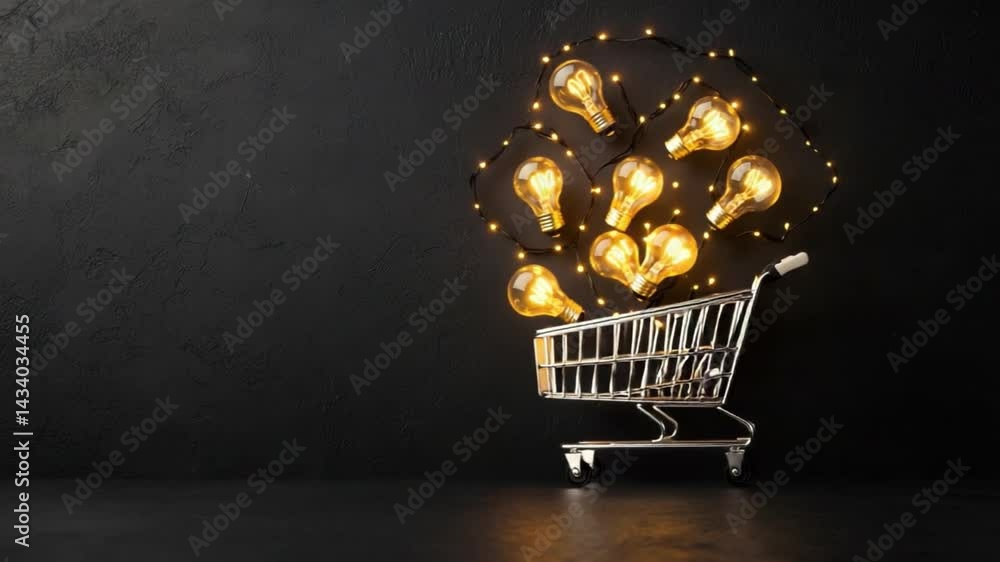 Aufkleber creative light bulb concept in shopping cart with glowing strings on dark background