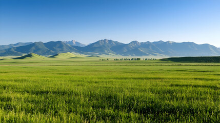 Fototapeta premium Panoramic View of Green Fields with Mountain Range under Clear Blue Sky Sunlight Shines on Rural Landscape