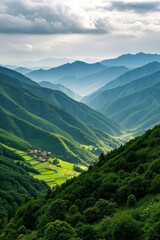 Fototapeta premium mountains with green grass and trees in the foreground