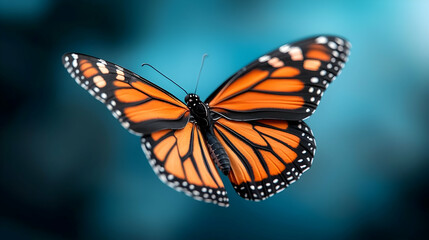 Fototapeta premium Orange and Black Butterfly in Flight Against a Soft Blue Background