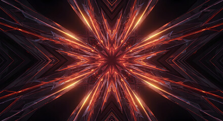 Fiery Geometric Symmetry Exploding in a Dark Kaleidoscope With Neon Edges