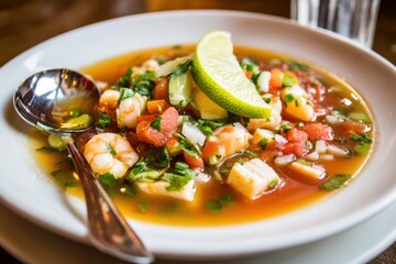 Exquisite shrimp ceviche dish with lime and fresh herbs on white plate culinary delight seafood gourmet delicious food photography restaurant meal