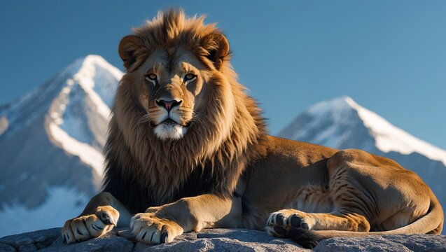 Majestic lion resting against snowy mountain vista