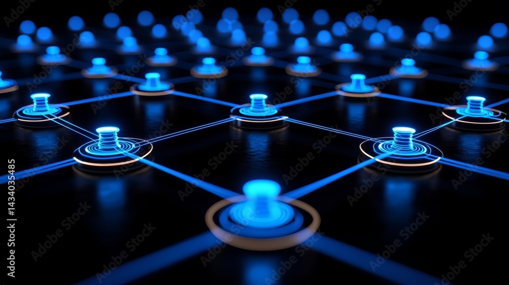 Poster blue and orange image of a network of dots. the dots are connected to each other in a grid pattern
