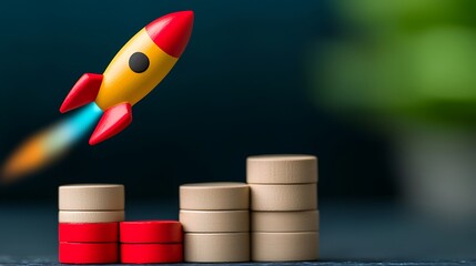 Colorful toy rocket launching above stacked coins with a blurred green background