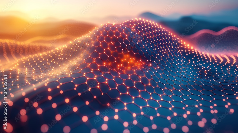 Poster blue and orange landscape with a lot of dots. the dots are red and they are scattered all over the l