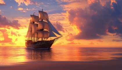 Golden sunset, sailing ship on calm sea