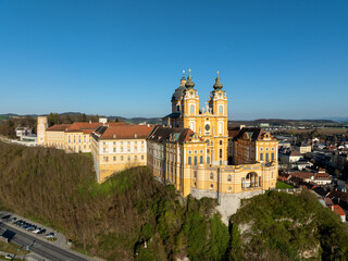 Benedictine abbey in Melk, Austria. Aerial view with copy space