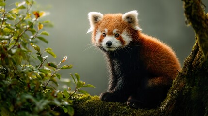 Naklejka premium Adorable Red Panda Perched on Mossy Tree Branch Captivating Wildlife Scene Enchanting Animal Kingdom Discovering Natural Habitat Cute Creature in Forest Ambiance lowercase 