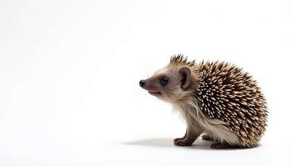 Obraz premium A solitary hedgehog, facing right, against a stark white backdrop, pet, animal