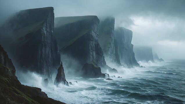 Majestic sea cliffs emerging from misty ocean