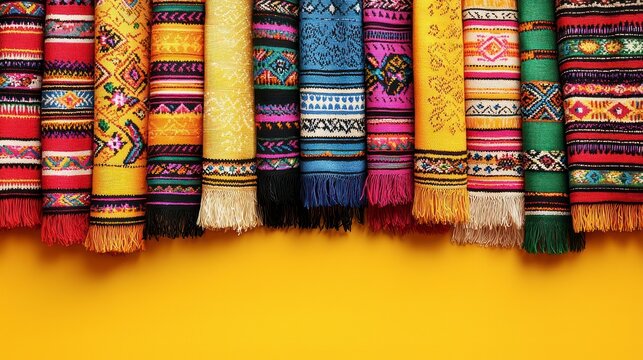 Bright, patterned textiles adorn yellow background