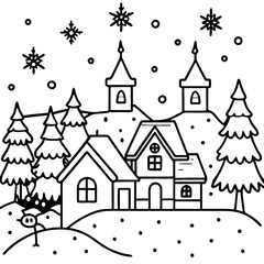 Fototapeta premium Snowy Village Scene Featuring Reindeer and Festive Winter Elements in Black and White