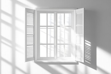 White window with open shutters casting shadows on a white wall