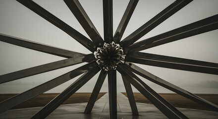 Abstract Metal Structure With Radial Beams Outdoors Under A Gloomy Sky
