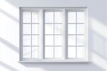 A white window with three panes and a white frame, set against a white wall with sunlight streaming in