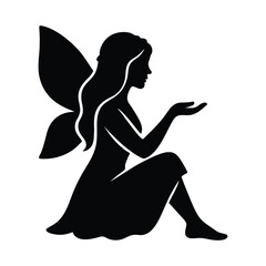 Sitting fairy silhouette with hand outstretched, Fairy silhouette design with graceful pose