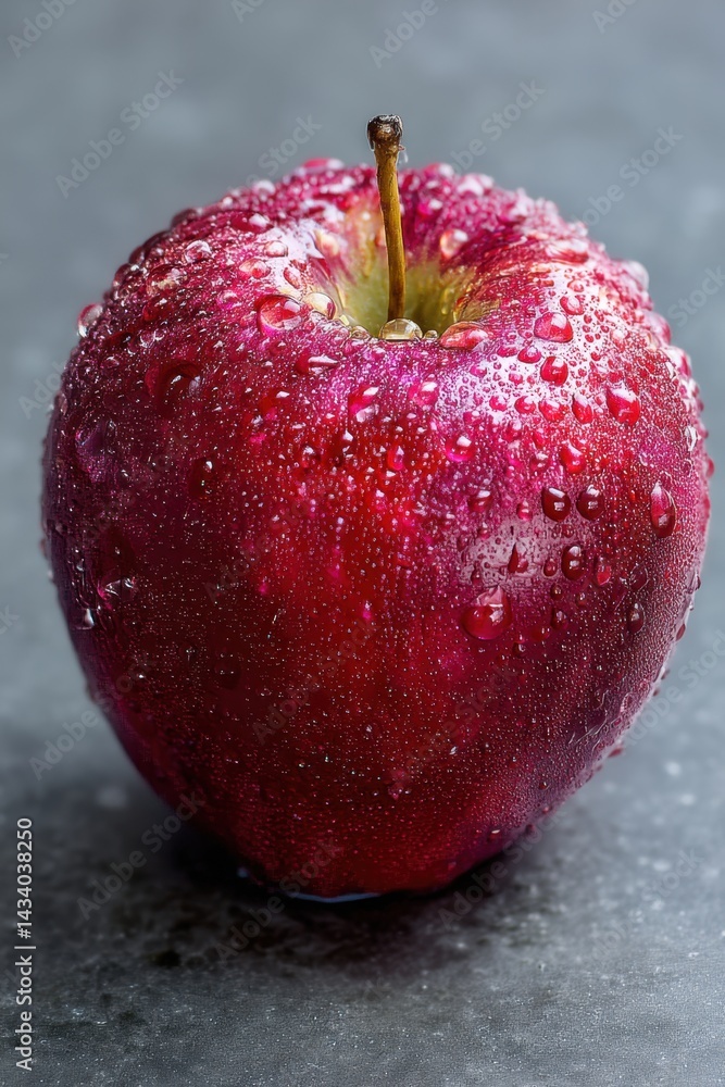 Poster fresh red apple with water droplets on a gray background creating a refreshing and vibrant visual a 