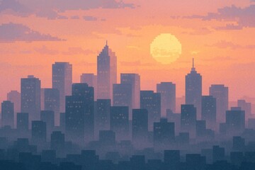 Fototapeta premium Foggy Downtown Skyline at Sunrise with Pixel Art Aesthetic - Serene Urban Landscape