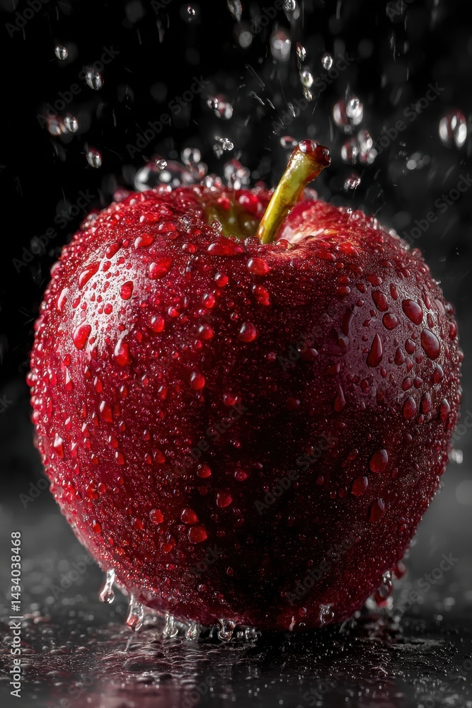 Poster captivating close up of a vibrant red apple glistening with water droplets against a dark background