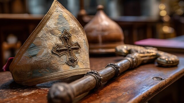 Religious vestments including a mitre, crozier, and zucchetto on wooden surface, with cross emblem and ornate design elements.