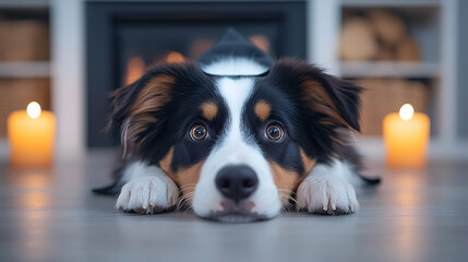 Tricolor Spaniel Puppy in Witch Costume near Fireplace