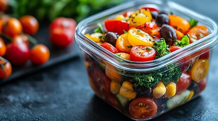 Fresh tomato and vegetable salad packed in transparent container. Healthy lunch ready for takeout or workday meal. Celebrate National Pack Your Lunch Day with colorful, fresh food