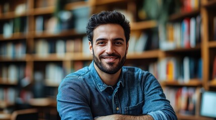 Fototapeta premium Smiling man library bookshelves studying education