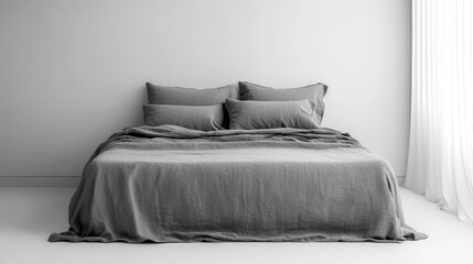 Minimalist bedroom with gray linen bedding on a platform bed.