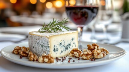 Gourmet blue cheese wedge served with nuts and herbs