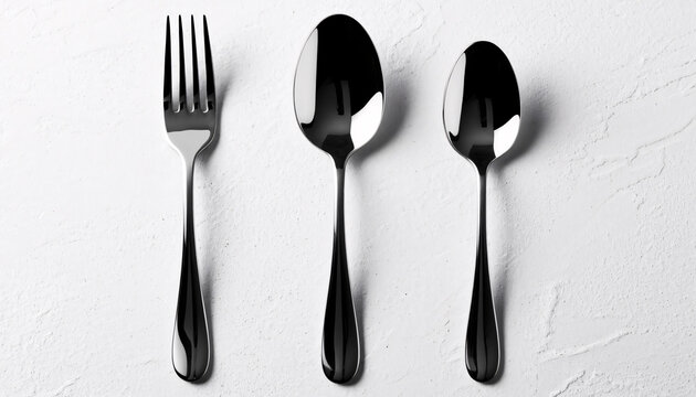 High resolution fork, tablespoon and teaspoon neatly arranged on a white background. The cutlery has a smooth polished stainless steel finish