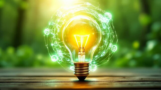 Eco-Friendly Innovation: A glowing lightbulb symbolizing sustainable energy, A warm incandescent lightbulb with a glowing halo of vibrant green energy particles, set against a backdrop of a lush fores