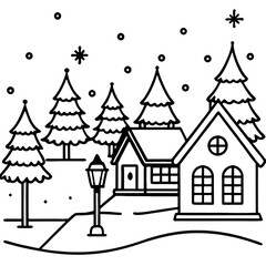Fototapeta premium Snowy Village Scene Featuring Reindeer and Festive Winter Elements in Black and White