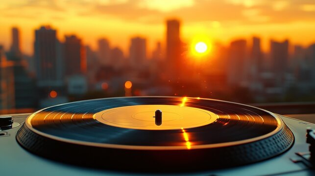 Sunset cityscape view over spinning vinyl record player