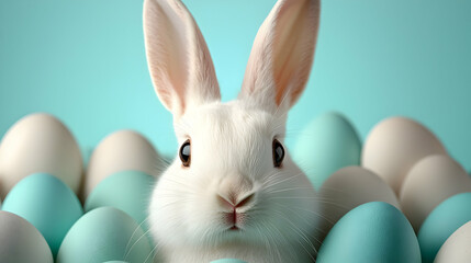 Fototapeta premium White Easter Bunny Among Pastel Eggs