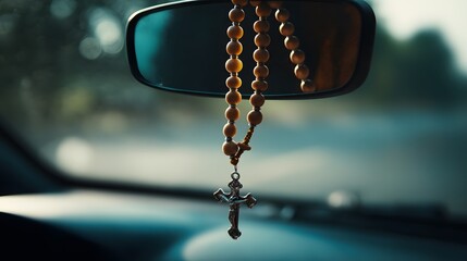 Rosary beads hang from a car's rearview mirror, symbolizing faith on the road, creating a serene and spiritual atmosphere during travel.