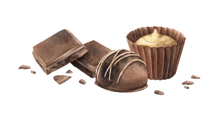 Broken pieces and crumbs of chocolate, candies with filling, truffle. Watercolor illustration on isolated background, suitable for packaging and branding of sweet dishes, confectionery, menu design.