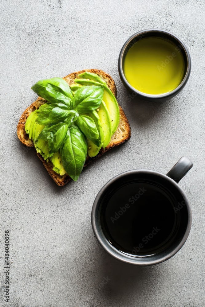 Aufkleber top view of avocado toast with basil and two cups on gray concrete surface for healthy breakfast and