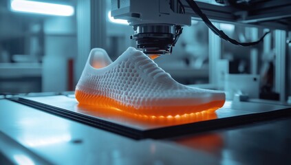 A white 3D printed shoe is illuminated by an orange light under a robotic arm in a factory setting
